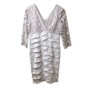 Adrianna Papell Shimmer Shutter Tuck Lace Beige Lined Cocktail Evening Dress‎ 8